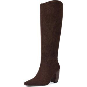 Women Knee High Chocolate Boot Square Toe Chunky Heel Wide Calf Tall Zipper Boot
